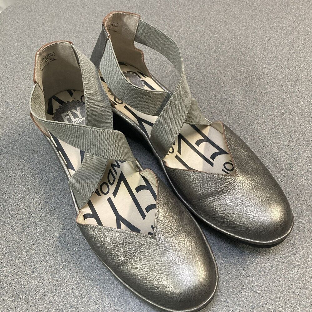 Fly London Womans Leather Crisscross Wedge Silver Size EUR 40 US 9-9.5